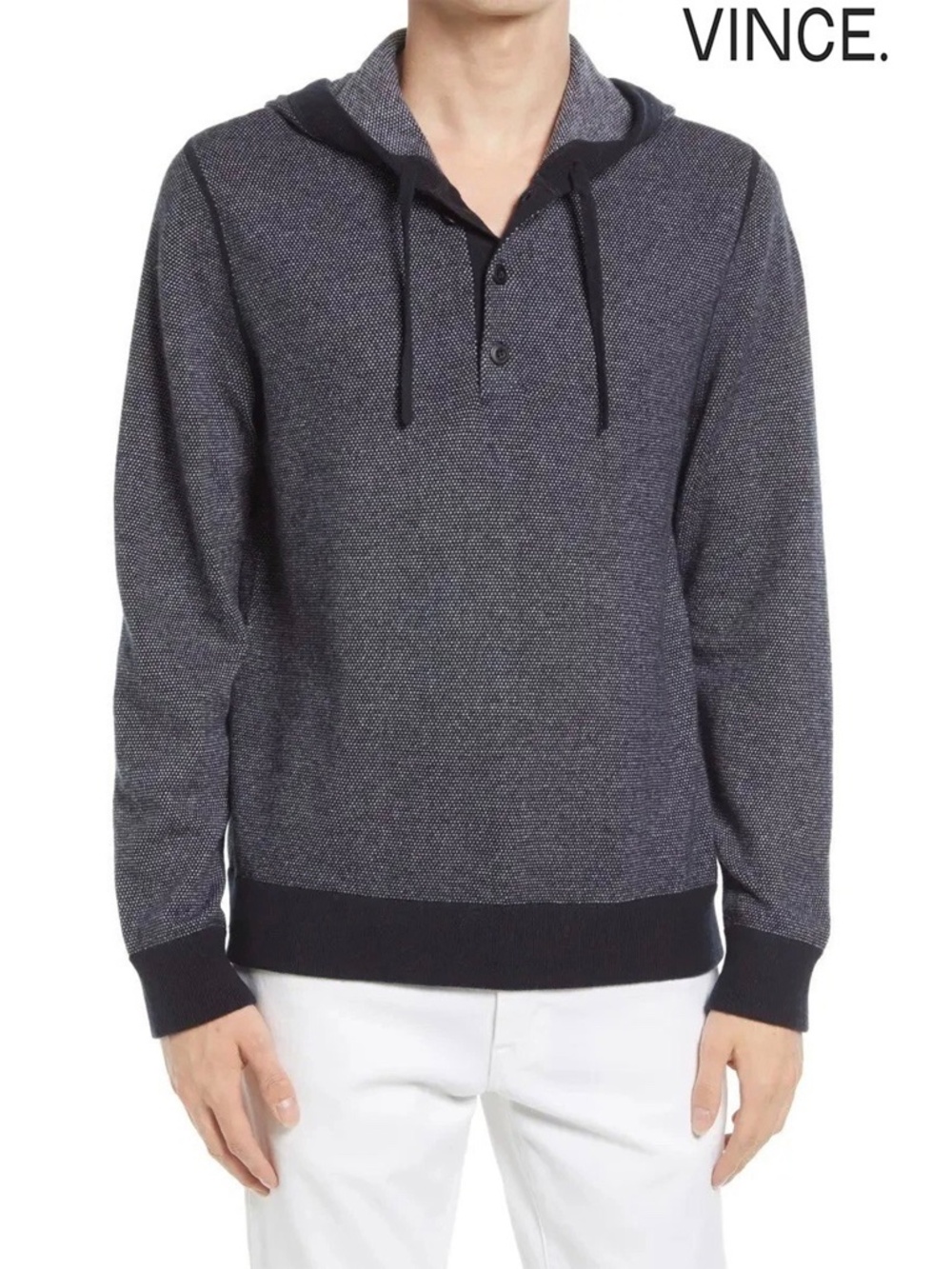 VINCE NWT BIRD'S EYE WOOL/CASHMERE COASTAL/PEARL HENLEY PULLOVER HOODIE. SIZE XL
